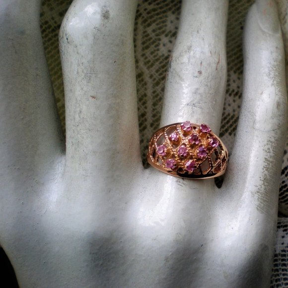 Russian USSR 14K 583 Rose Pink Gold Pink Tourmaline Cluster Basket Weave Ring - Picture 7 of 8
